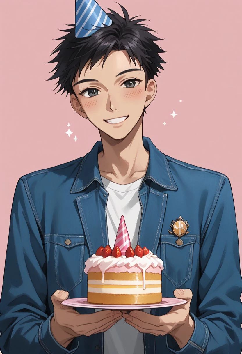 score_9, score_8_up, score_7_up, source_anime, rating_safe, holding cake, MoriOHHC, (black_Mori_hair), black_Mori_eyes, 1boy, male focus, party hat, casual clothes, blush lines, smile, hands with five fingers, simple light pink background, cute wallpaper, happy-cheery,