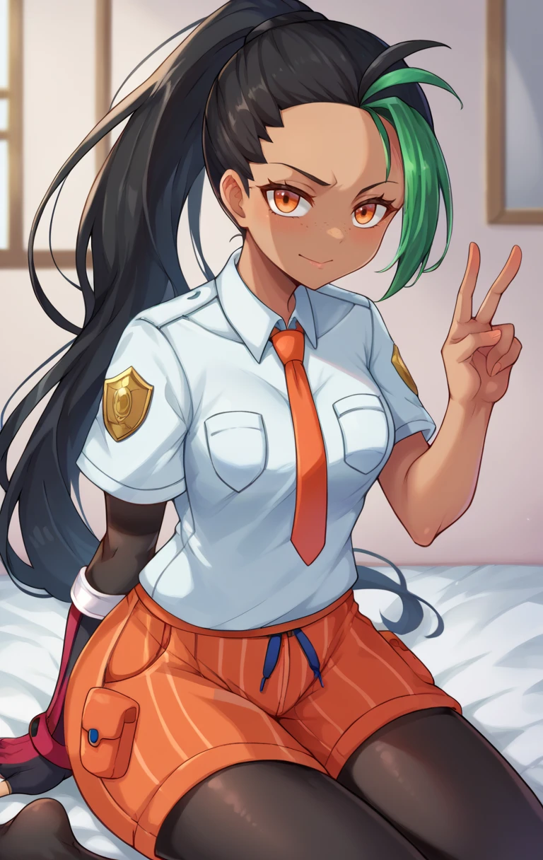 score_9,score_8_up,score_7_up BREAK <lora:nemona:0.9>,NemonaSDXL,1girl,solo,long hair,shirt,black hair,gloves,school uniform,white shirt,ponytail,short sleeves,pantyhose,green hair,necktie,shorts,striped,collared shirt,dark skin,fingerless gloves,dark-skinned female,streaked hair,orange eyes,black pantyhose,eyelashes,single glove,freckles,breast pocket,hair pulled back,orange necktie,orange shorts,cowboy shot,room,room background,kneeling,v