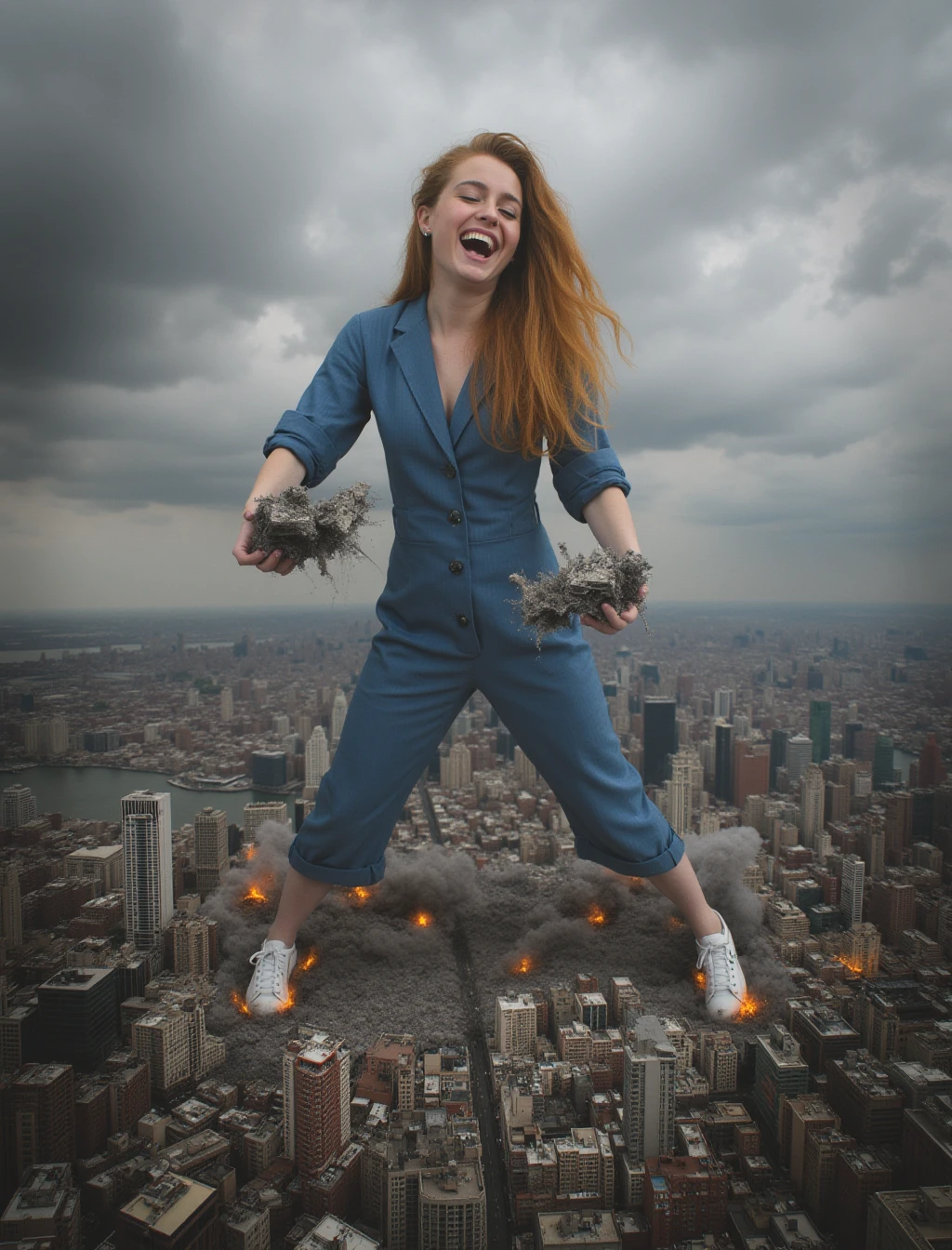 A mega giantess is standing in the middle of a bustling city. Her feet stretch out across several blocks, causing massive destruction. Skyscrapers are crumbling under the weight of her feet. The ground around her is engulfed in flames and the city is on fire. There's smoke and massive fires around her feet, and rubble scattered everywhere. She’s casually holding crumbling skyscrapers in her hands that are explosion in clouds of dust. The giantess is laughing, her eyes open wide. She’s wearing a cute blue jumpsuit and white sneakers. She has long flowing ginger hair. The sky is overcast with dark, stormy clouds, adding to the chaotic atmosphere.