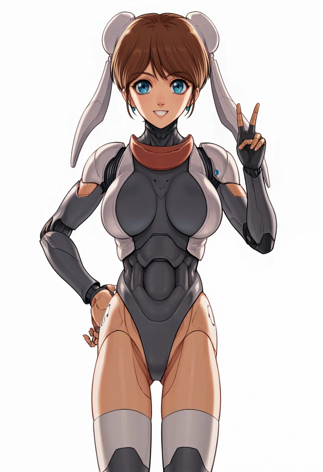 score_9, score_8_up, score_7_up, score_6_up, anime screencap, anime coloring, <lora:MNLMimi-10:0.7>, MNLMimi, robot joints, cyborg, blue eyes, lower body, thighhighs, bodysuit, brown hair, short hair, bun cover, double bun, large breasts,
robot ears, headgear,
standing, looking at viewer, hand on own hip, smile, v sign, legs apart, 
BREAK simple background, white background,