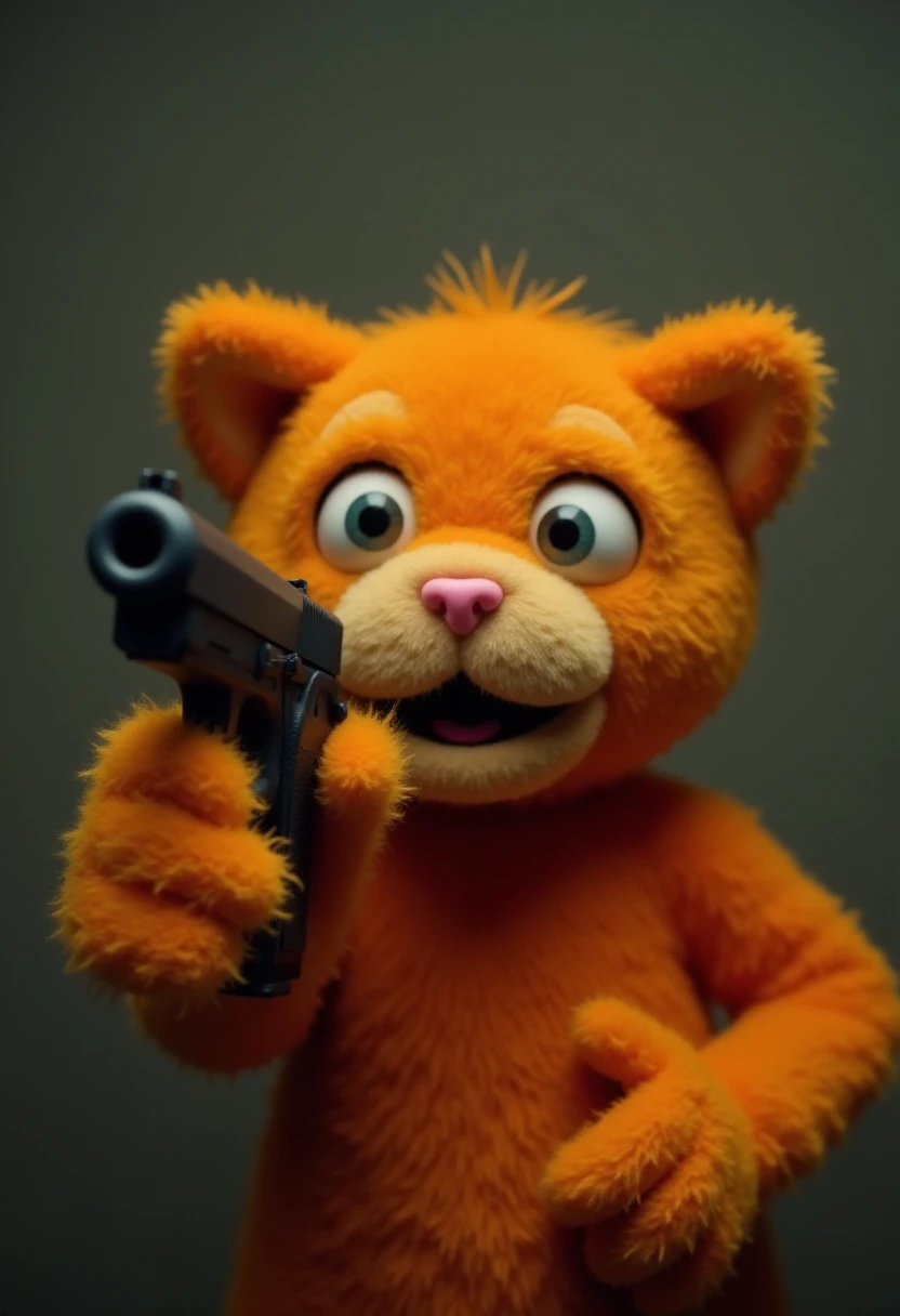 An orange cat puppet pointing a pistol at the viewer in donthugmestyle.   