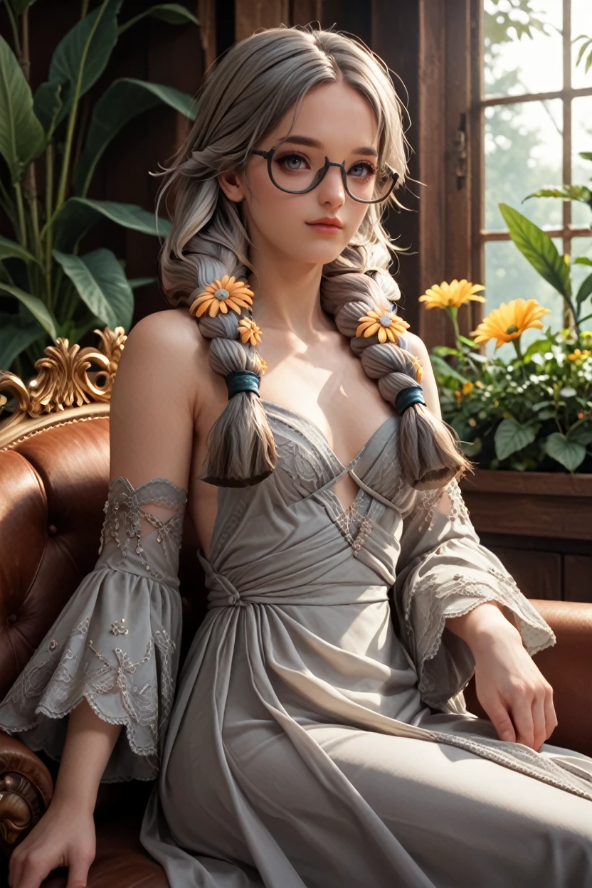 score_9, score_8_up, score_7_up, score_6_up
<lora:LAJahara:1.0>
LAJahara, 1girl, grey hair, twin braids, flowers, glasses, looking at viewer, reclining on a vintage chaise lounge, one arm draped over the back, elegant ballroom with crystal chandeliers, soft ambient lighting, luxurious and sophisticated setting