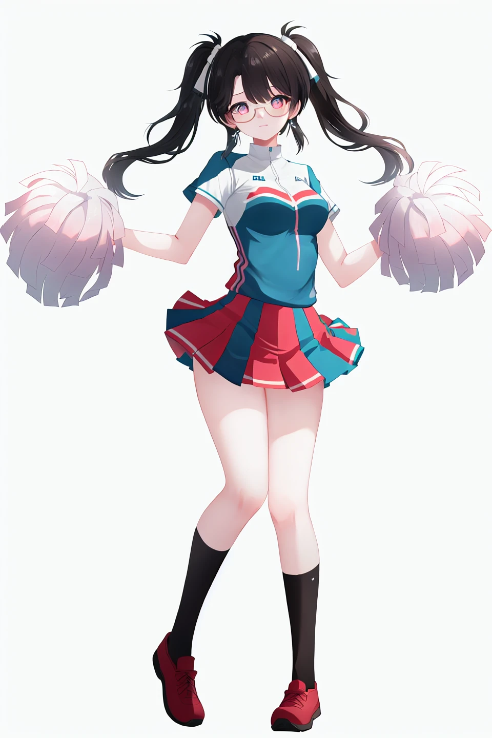 8k, best quality, masterpiece, (ultra-detailed), (white background,simple background), solo, (full body:1.1), looking at viewer, 
<lora:zhezhi-sd-Tanger:0.7>, zhezhi, 1girl, long hair, black hair, glasses, twintails, 
cheerleader,