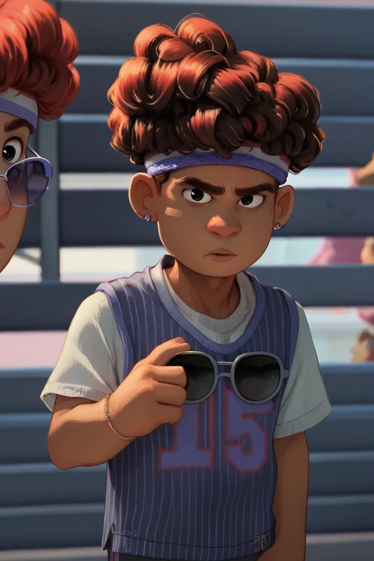 Score_9, score_8_up,score_7_up,TylerNguyen, 1gilr, red hair, 1boy, curly hair, black eyes, dark skin,afro, headband, earrings, sunglasses