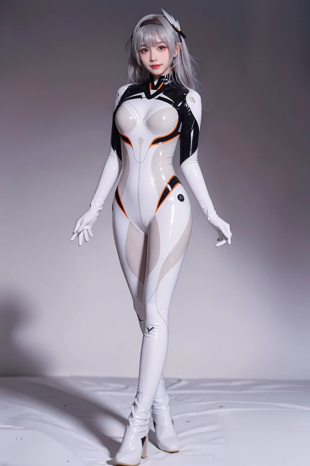 (1solofemale full body with knockers covered standing straight symmetrical, hands on hips) (smile purple makeup) grayscale skin, pale golden hair and violet eyes. She prefer clothing of white and silver with cloaks of deep blue or purple, blue or purple background (Masterpiece, highres, 4k, very precise detailed)
