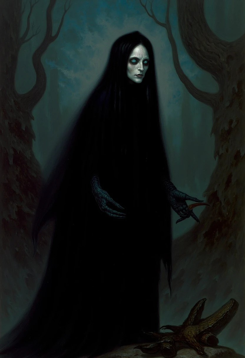 A closeup view of an atmospheric and powerful dark fantasy, natural organic and impressionist classical-style painting of a mysterious and alluring figure known as a monster girl who is standing in a dark and ominous forest at night her body is covered in long flowing black hair that cascades down her back like a river of snow her eyes are a deep blue and her face is pale and pale with a small round nose and mouth that seems to be made of dirt her hands are bare and covered in black fur which adds to her mysterious appearance sense of une