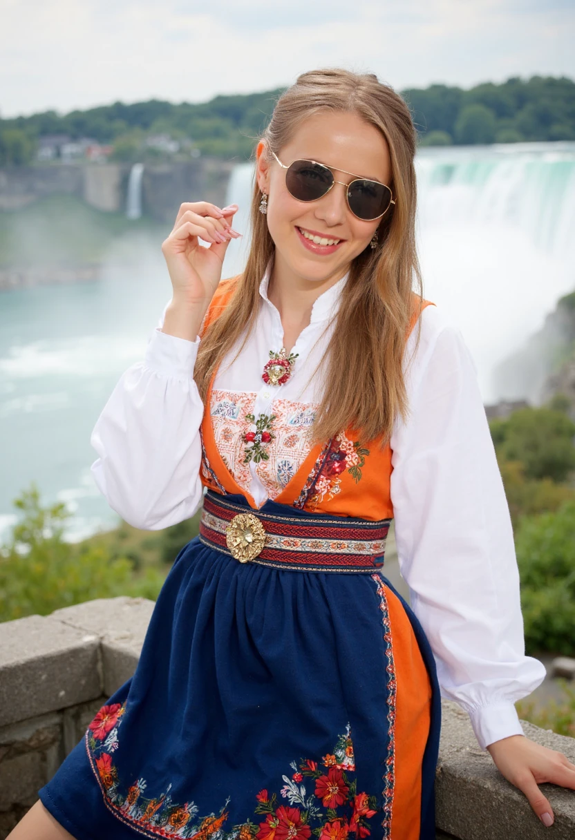 A professional glamour photo of 19yo lydia model posing by the niagara falls dressing a Blue and Orange traditional Norwegian Bunad dress.. she is laughting at the viewer while hoher heart shaped shaded glasses. She has blue eyes and light brown long hair.