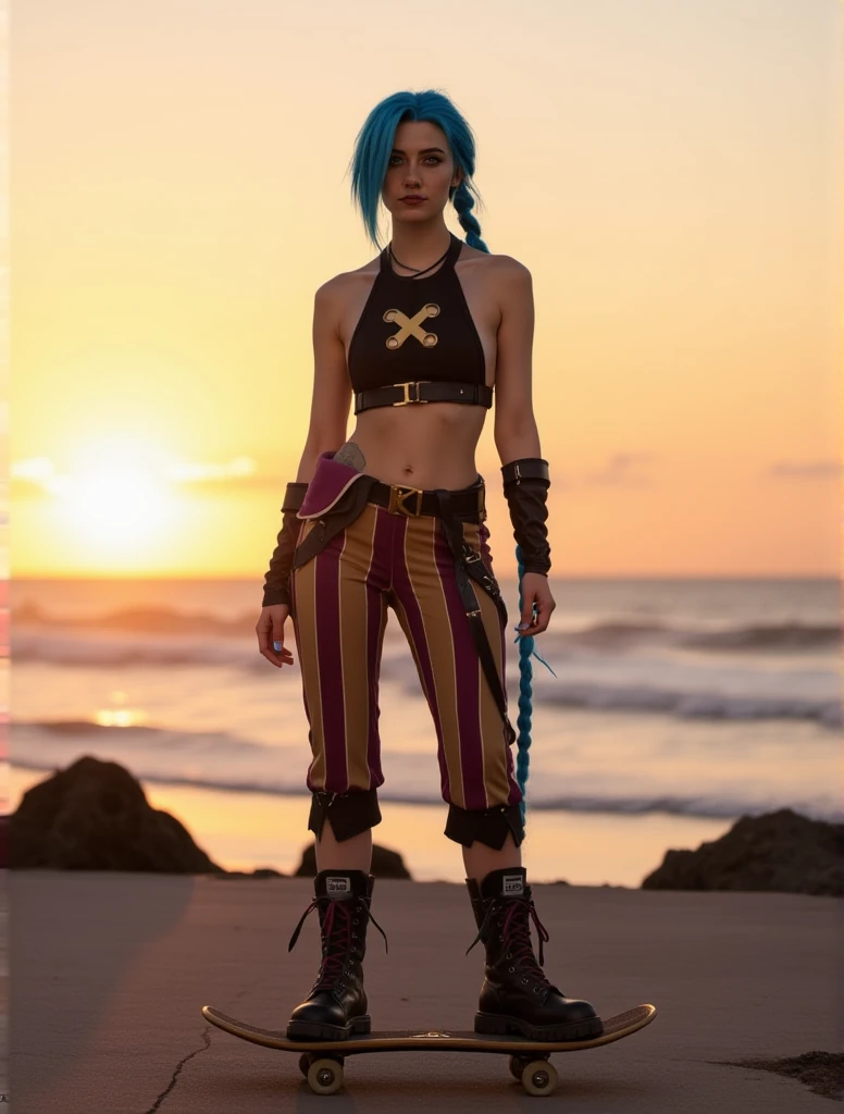 full body jinx with blue long braided hair, black croptop and stripped pants, army boots, is skateboarding in front of  beach at sunset. She is facing the viewer<lora:Jinx:0.9>