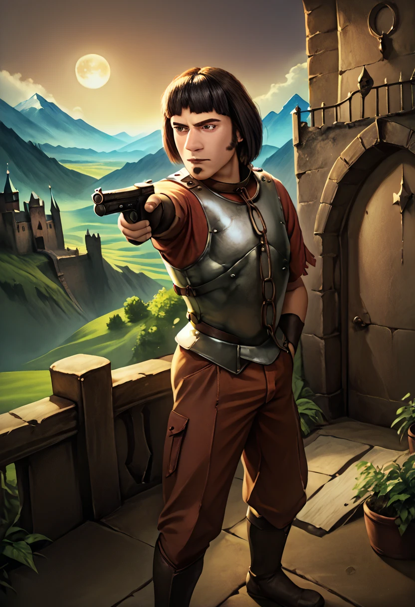 score_9, score_8_up, realistic, detailed, 1boy, solo, HuiBuh, bob cut, blunt bangs, dark brown hair, goatee, metal collar, armor, chain, breastplate, aiming, weapon, holding weapon, holding gun, handgun, hand in pocket, outdoors, mountain, moon, castle, backlighting <lora:YusufDikecGunPose_pdxl_Incrs_v1> <lora:hui_buh-v1.2.25>​​​