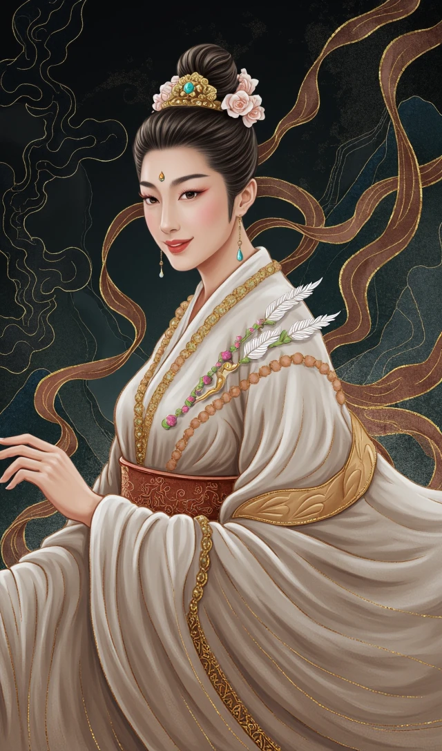 (murals art, dunhuang murals, dunhuang_murals_style, masterpiece, top quality, official art, best quality, beautiful and aesthetic, movie grade color grading, Epic, 24bit colors:1.2), 
black background, dark photo, silhouette, fading backlit background, amazing depth, intricately detailed, bokeh, perfect balanced, deep fine borders, artistic photorealism, smooth,

(1girl/female immortal, jewelry, earrings, red lips, long sleeves, hair bun, shawl, ribbon, Phoenix Crown, Biyao, Jade Ornaments, Floral Ornaments, armor, Hair Pin, Hair Comb, Golden Forehead Ornament, Beaded Strands, feathers clothes, cleavage, huge chest), 
(from behind, looking back, smilling), 
(wearing fanfu/The fabric of the clothes appears to be a mixture of silk and slightly rougher materials, giving it a luxurious yet rugged texture﻿)
﻿fog, clouds, mountain, chinese architecture as the background, 