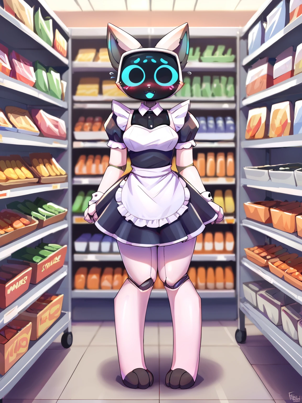 <lora:ArzyParzy-STYLE:0.8> arzyparzy <lora:Kerfus-PONY:0.8> Kerfus, anthro, robot joints, white body, screen face, maid outfit, nervous, blushing, open mouth, solo, full body, supermarket, store, score_9, score_8_up