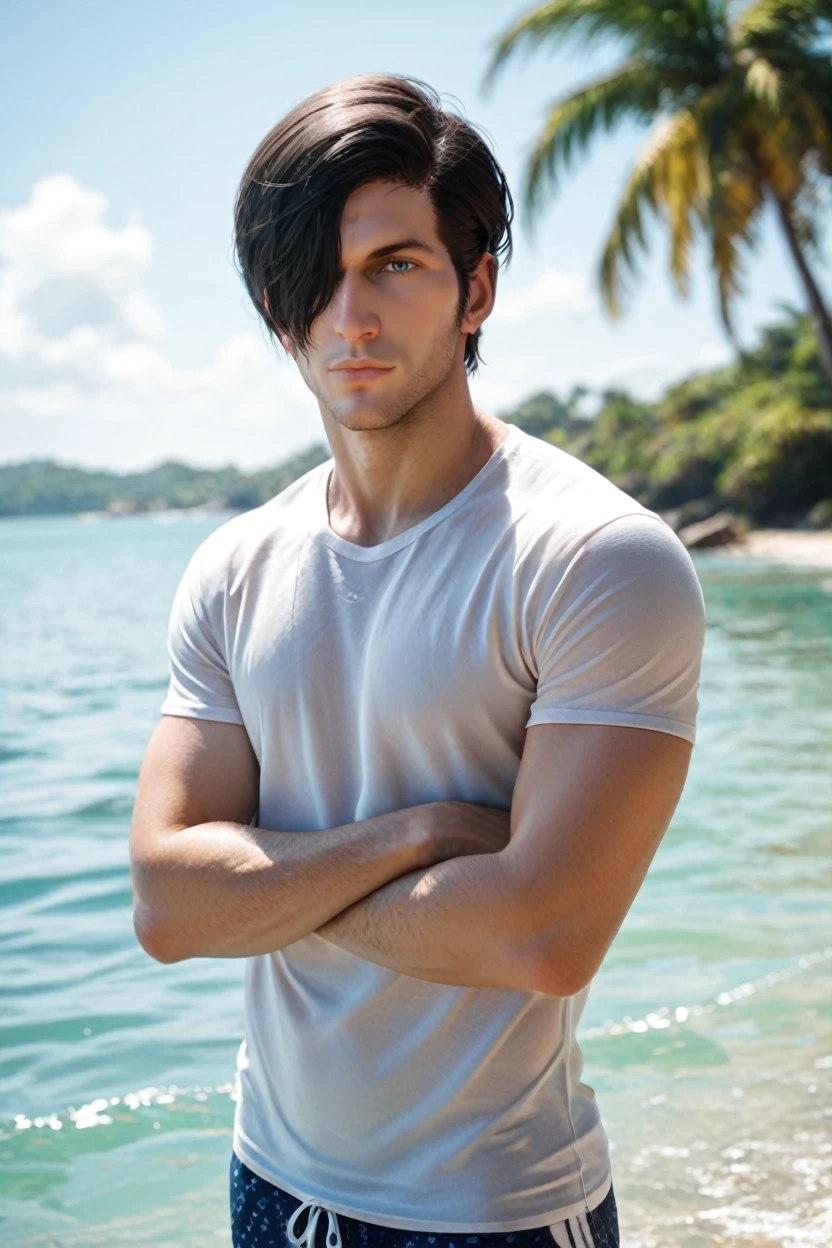 score_9, score_8_up, score_7_up, score_6_up
<lora:TEW2Stefano:1.0>
TEW2Stefano, 1boy, black hair, hair over one eye, looking at viewer, male model standing in shallow water, wearing a light beach shirt, arms crossed, confident expression, tropical backdrop, sun setting behind