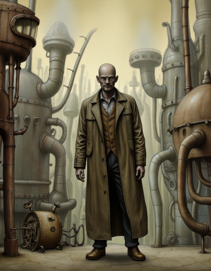 A machinart image of Walter White from Breaking Bad, a chemistry teacher turned ruthless drug lord, with a gaunt, pale face, prominent cheekbones, receding hairline, and a determined yet desperate expression, wearing a worn-out, brass-buttoned, long coat with copper pipes and clockwork mechanisms attached, standing in front of a massive, steam-powered, industrial machinery, with watchtowers made of rusty pipes and hissing steam valves, in a dimly lit, dystopian, industrial setting, with a backdrop of a polluted, foggy cityscape, featuring intricate, hand-drawn, steampunk elements, victorian-inspired, machinarium-style architecture, extremely detailed, with a mix of Dieselpunk and Retro-futuristic elements, in a muted, pastel-colored, lineart style, with bold, expressive linework, and a predominantly dark, gritty aesthetic, 2d flat art, 2d hand-drawn art, with visible pencil marks and textured paper effect.