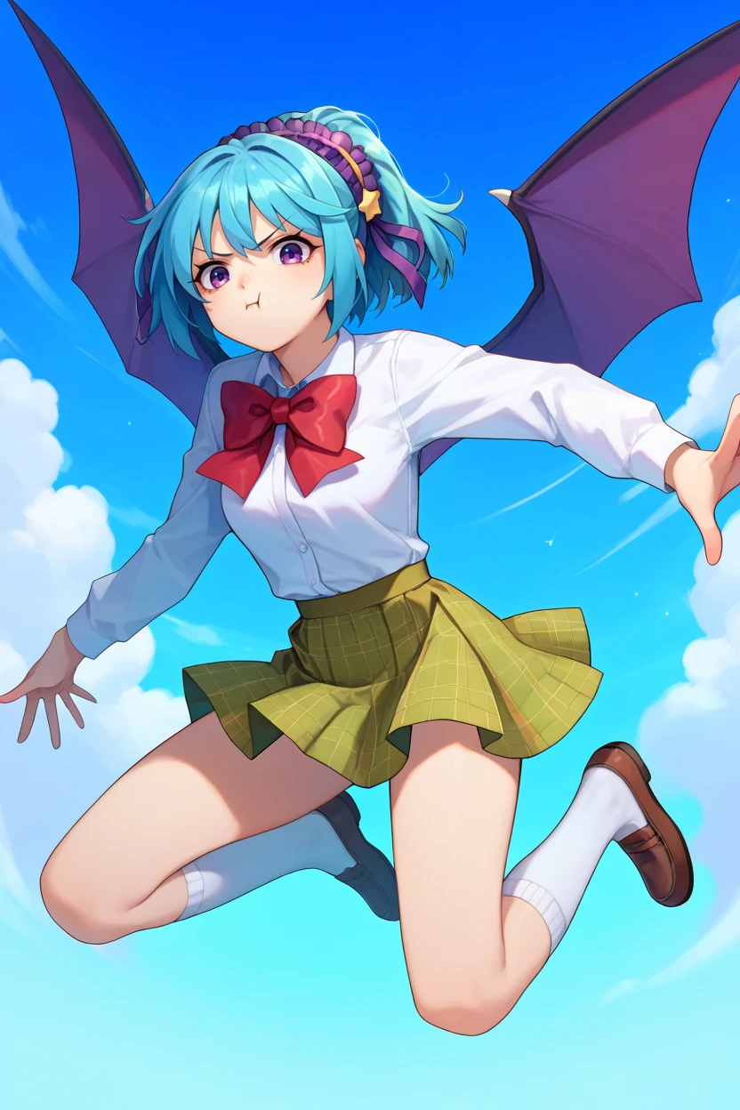 score_9,score_8_up,score_7_up,score_6_up BREAK kurumu, 1girl, solo, blue hair, purple headdress, star \(symbol\), purple eyes, short ponytail, flying, blue sky, demon wings, angry, pout, white collared shirt, green plaid skirt, red bowtie, white kneesocks,long sleeves  <lora:KurumuPony:1>