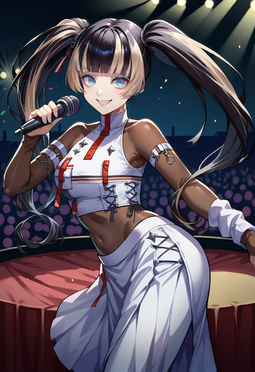 score_9, score_8_up, source_anime, 1girl, solo, RadenRegloss, black hair, multicolored hair, long hair, twintails, white crop top, bodystocking, arm belt, single arm warmer, white skirt, long skirt, side slit, white thigh boots, on stage, stage lights, audience, smile, holding microphone, <lora:ChamJuufuuteiRadenPonyXL:1>