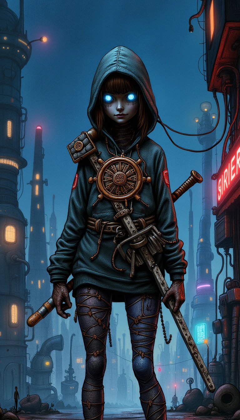 A machinart style hand-drawn dieselpunk scene in dark, gritty aesthetic of a samurai ninja girl from Machinarium, with glowing blue eyes, wearing a hoodie with copper wires and mechanical parts from "Cyberpunk 2077" game, holding a katana with intricate copper filigree, wearing torn and ripped futuristic leggings with visible mechanical limbs underneath, in background is a dystopian cityscape inspired by Night City at night with neon lights, smokestacks and factories, colored pastel lineart, stencil, vibrant color palette, 2d flat art, 2d hand-drawn art, with visible brushstrokes and textures.