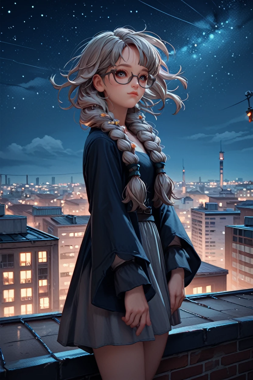 score_9, score_8_up, score_7_up, score_6_up
<lora:LAJahara:1.0>
LAJahara, 1girl, grey hair, twin braids, glasses, looking at viewer, standing on a rooftop at night, city lights twinkling below, wind gently blowing hair, starry sky above, mysterious and enchanting ambiance