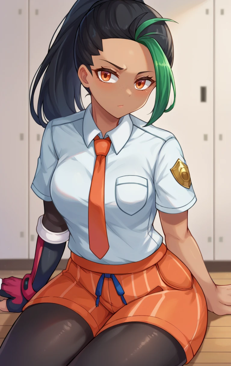 score_9,score_8_up,score_7_up BREAK <lora:nemona:0.9>,NemonaSDXL,1girl,solo,long hair,shirt,black hair,gloves,school uniform,white shirt,ponytail,short sleeves,pantyhose,green hair,necktie,shorts,striped,collared shirt,dark skin,fingerless gloves,dark-skinned female,streaked hair,orange eyes,black pantyhose,eyelashes,single glove,freckles,breast pocket,hair pulled back,orange necktie,orange shorts,cowboy shot,room,room background,sitting,