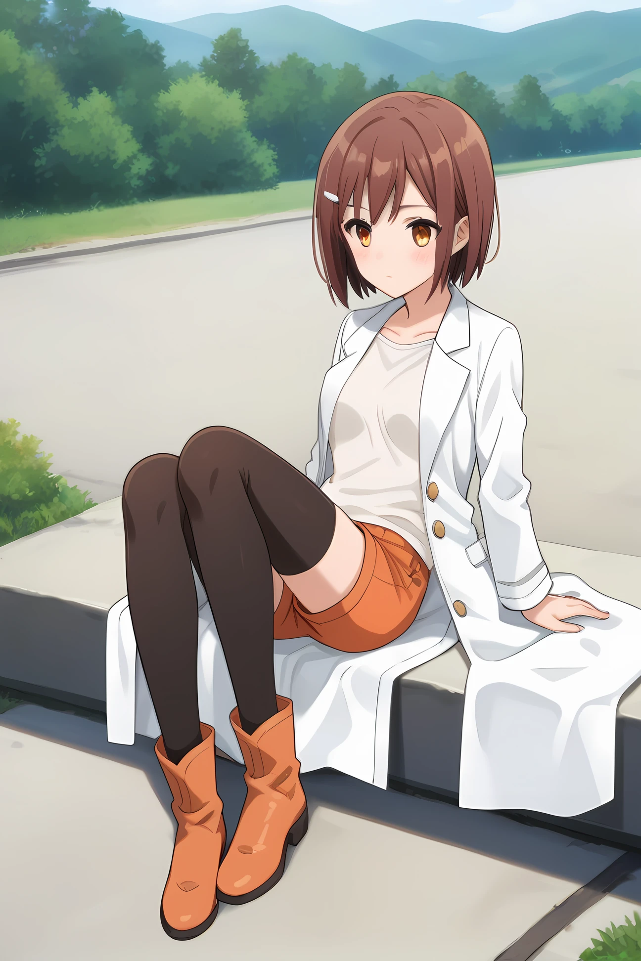 white coat white shirt orange shorts black thighhighs orange knee boots, mt-you, medium breasts, 1girl, solo, skinny, masterpiece, high quality, (full body|sitting|standing|lying), outdoors, blush, score_9, score_8_up, score_7_up, source_anime, anime, anime style <lora:mt-you-V01-000003:0.50>