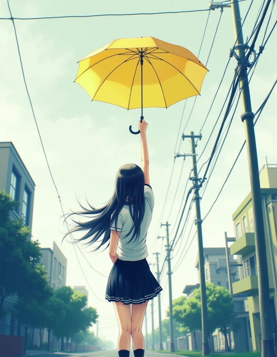 <lora:v12_PaulinaKlime_r16_000003250:1> art by PaulinaKlime, View from below. A young teenage girl with long black hair wearing a black school skirt and black socks is standing under yellow umbrella on the street looking up at the power lines above her. The girl's back is turned to the viewer and she is looking up at the wires and power poles above her. She is wearing a white collared shirt with short sleeves and a black skirt. The scene is set in an urban environment with buildings and trees visible in the background. The sky is cloudy and there are power lines running overhead.âââ