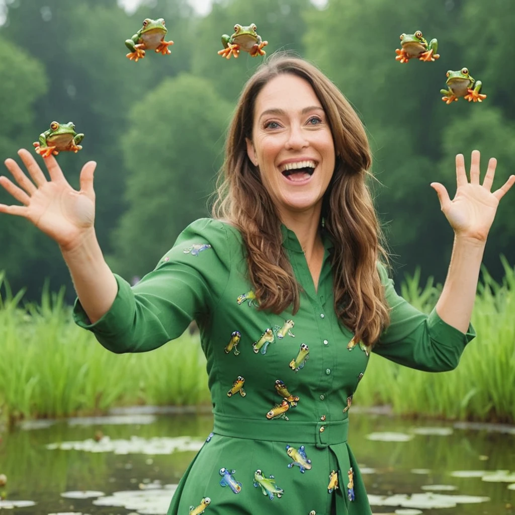 looking at viewer,
professional absurdres intricately detailed sharp focus photograph of 
(Joanna_Bartling:1.1) with a warm smile, solo,
throwing frogs in the air and trying to catch them one-handed,
detailxl,
 <lora:Joanna_Bartling-SDXLe14:0.8>