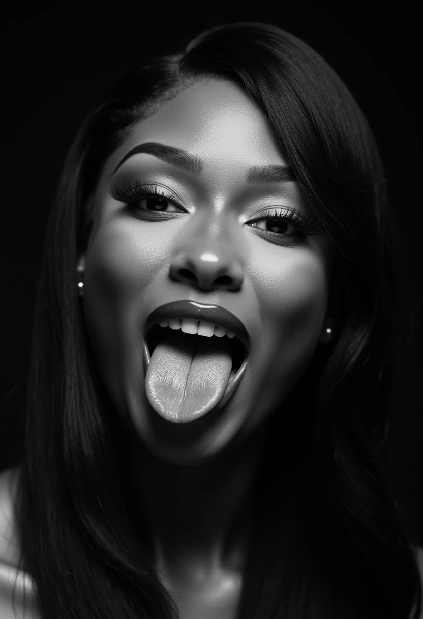 Hyper-realistic black and white studio portrait of megts, her tongue playfully extended. Crisp focus captures every detail: gleaming eyes, textured skin, and individual hair strands. Dramatic chiaroscuro lighting emphasizes facial contours. Background fades to deep shadow, centering attention on her expressive features.