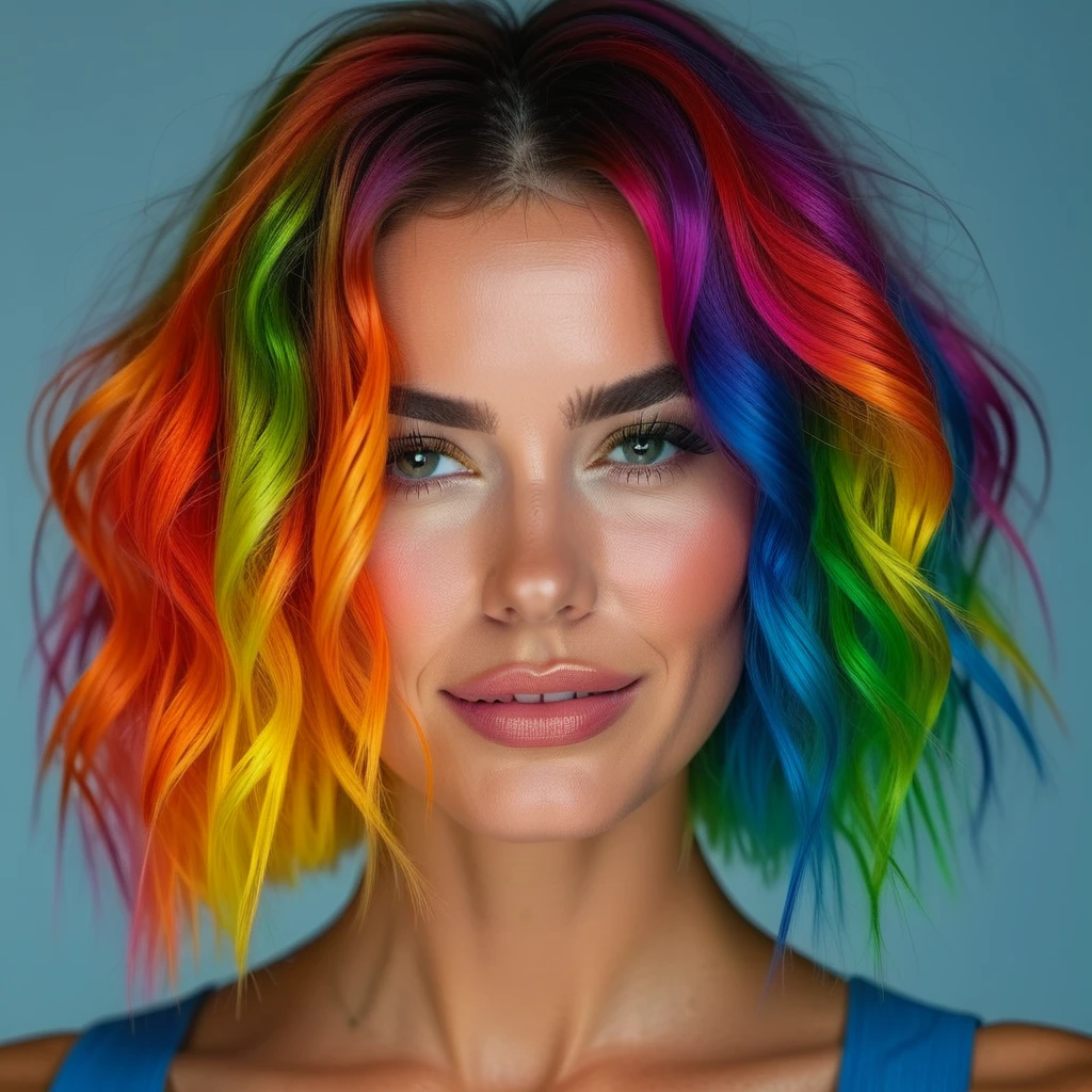 woman realstic raw 8k hair rainbow short portrait