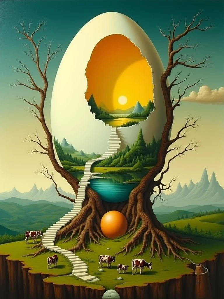 A surrealistic painting features a gigantic egg as the centerpiece, showcasing a fantastical and imaginative world within. The egg is predominantly white, with a large yellow opening at the top, revealing a bright yellow yolk. Inside the egg, multiple layers depict different scenes, each adding to the dreamlike quality of the composition. The topmost layer has a serene landscape with green hills, calm waters, and small islands, all reflecting sunlight. Below this, another layer contains a tranquil body of water with distant mountains visible through its surface. A curved white staircase rises from the bottom right towards the top left of the egg, leading upwards into the subsequent layers. These stairs start from the bottom right and ascend to the middle left, with each step casting soft shadows to the left, suggesting soft, diffused lighting. The egg is supported by a gnarled, leafless tree with dark brown branches extending outwards from its base, its roots extending into the ground and intertwined with the structure of the egg. A smaller, pale orange egg rests at the base of the large egg, partially obscured by the tree's branches. The background consists of a gradient sky transitioning from dark teal at the top to light beige near the horizon, adorned with fluffy, white cumulus clouds of varying sizes and densities. Five spotted cows graze at the foot of an egg. The landscape surrounding the egg includes rolling green hills, distant mountains, and a body of water at the bottom reflecting parts of the egg, tree, and sky. Small rocks are scattered around the water's edge, adding texture to the scene. The color palette includes shades of teal, amber yellow, cream, forest green, and burnt orange, creating a harmonious and balanced composition. The overall lighting is soft and diffused, enhancing the dreamlike quality and surreal atmosphere of the painting, with a balanced exposure and moderate contrast,
<lora:Dagobah_Land_Flux:1> dagobahlnd