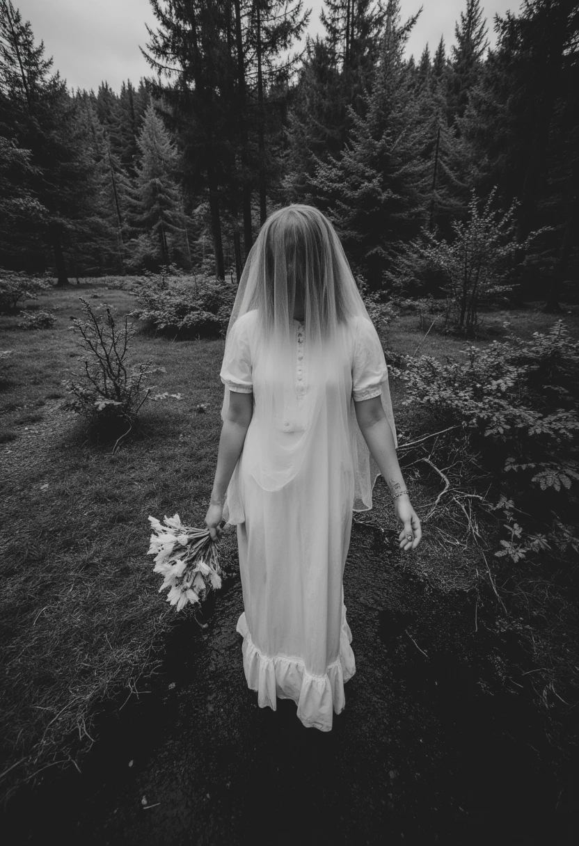 distorted photo, full length candid photo of woman bride, eerie, unsettling, sinister, occult, spooky, realistic