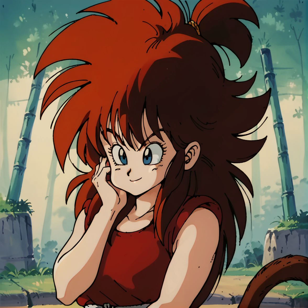 score_9, score_8_up, score_7_up, score_6_up, masterpiece, extremely high quality, anime accurate, <lora:Saiyaness_r1:0.8> saiyaness, monkey tail, 1girl, solo, spiked hair, tied hair, long hair, close up portrait, head shot, cute smile, low eyes, hands under chin, <lora:EarlyAkira_v4:1> drgbls1, retro artstyle, 1980s \(style\), anime coloring, bamboo forest, sunny day