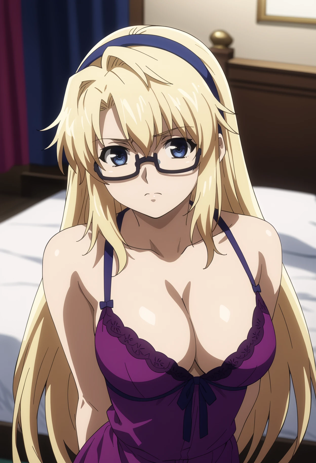 score_9, score_8_up, score_7_up, anime screencap BREAK,
satella, blonde hair, long hair, blue eyes, blue hairband, glasses,
harms behind back , cleavage, purple nightie, bedroom background <lora:SatellaXL:1>