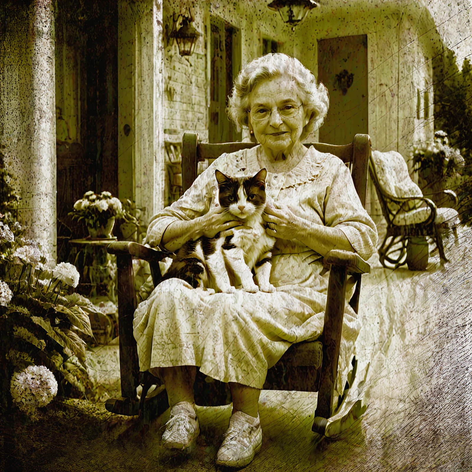 An old vintage sepia photo. Grandma holding a cat, sitting on a rocking chair on the porch of an old house.

<lora:PhotoAgedSepia01-00_CE_SDXL_128OT:0.9> AgedSepiaCE

