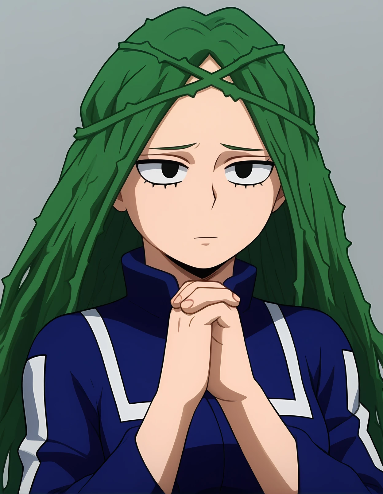 <lora:Ibari:1>, 1girl, solo, ibara shiozaki, vine hair, blue tracksuit, pe kit, hands clasped, looking away, simple background