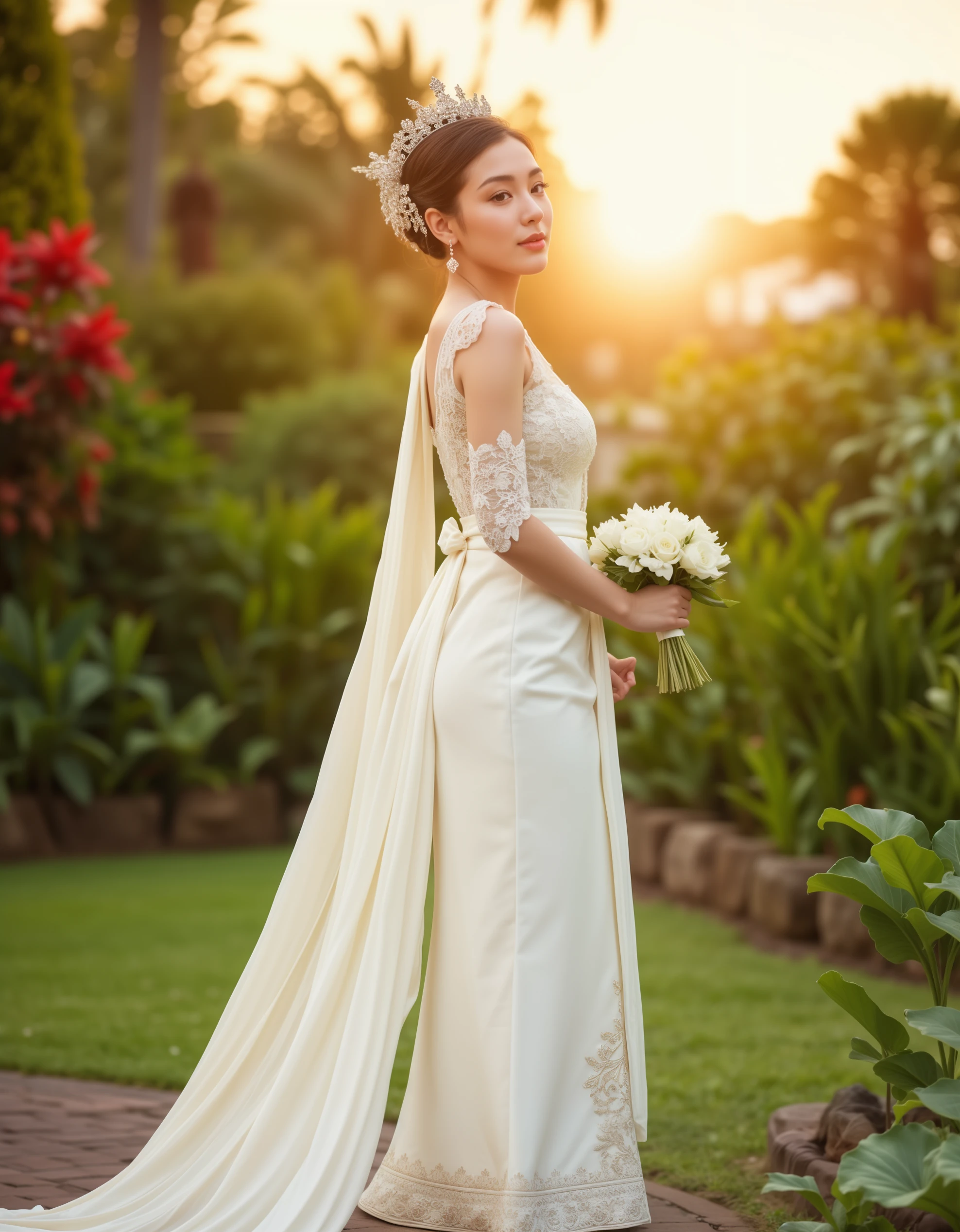 "In a breathtaking garden setting, a bride wears a white Thai-inspired wedding gown with delicate silk draping and floral patterns, her serene beauty accentuated by the gentle glow of the golden hour." <lora:Thai_tradional_dress_Flux_-000005:0.85>