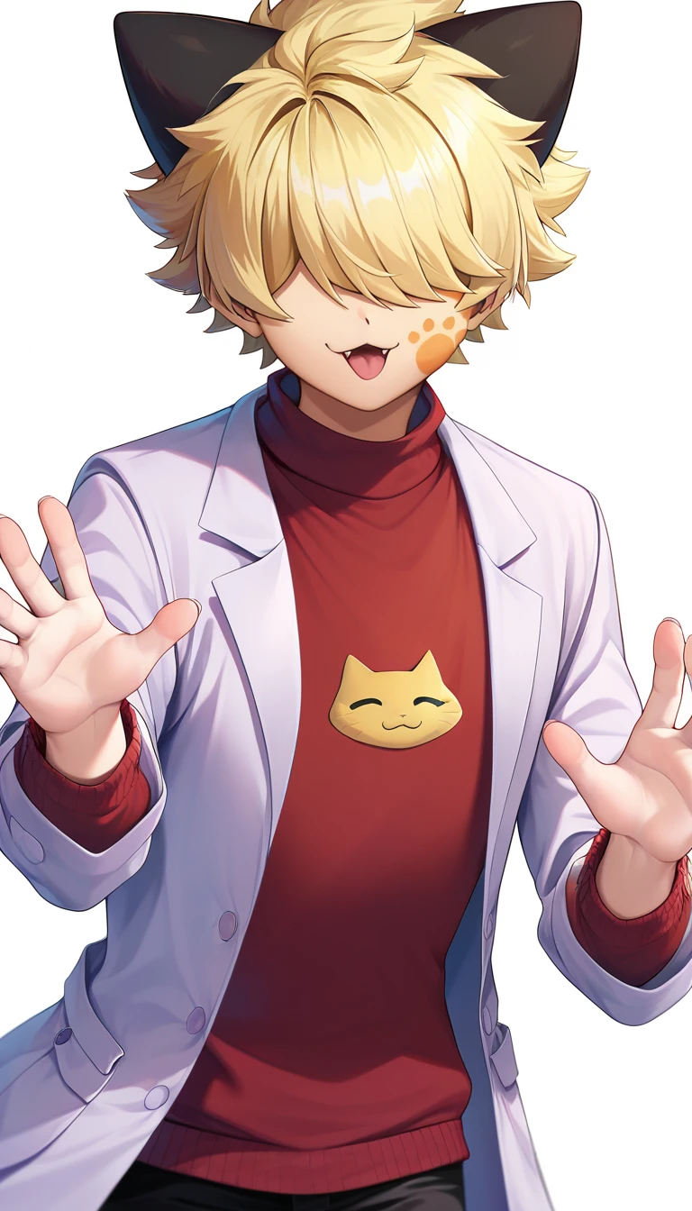 embedding:zPDXL2 ,source_anime,rating safe,looking at viewer,(kengo), animal ears, lab coat, hair over eyes, blonde hair, 1boy, :3, solo, cat ears, sweater, facial mark, otoko no ko, open mouth, red sweater, cat boy, smile, paw print,cowboy_shot,