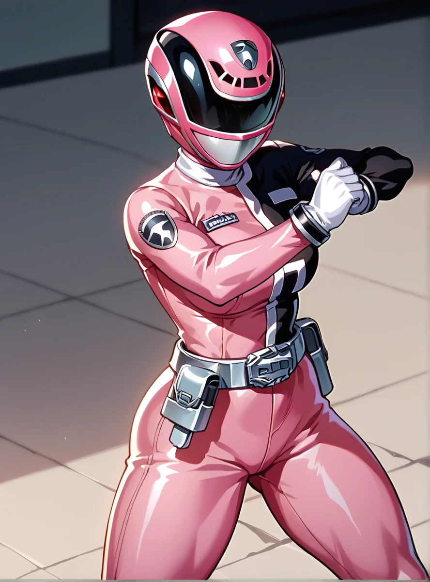 score_9, score_8_up, score_7_up, score_6_up,source_anime , intricate details, detailed face  anime coloring,  anime_lineart anime screencap,  <lora:DekaPink:0.9>dekapinkxl, solo, helmet, gloves, 1girl, bodysuit, belt, white gloves, pink bodysuit, looking at viewer,  thick thighs, upper body, fighting stance,