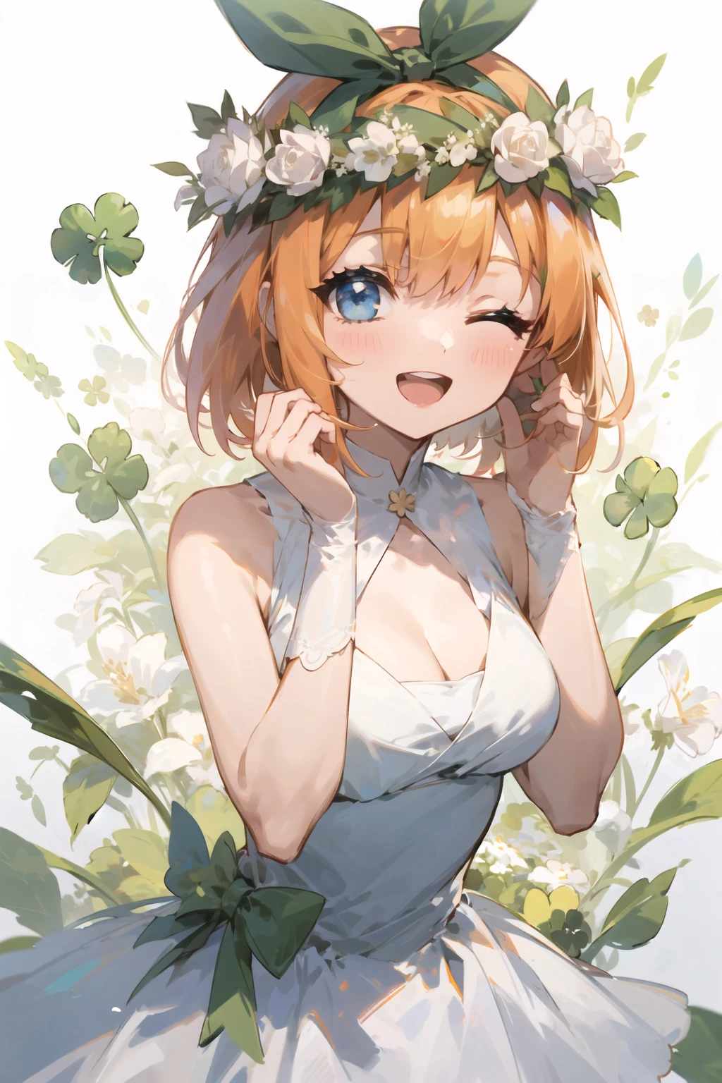 1girl,solo,one eye closed,breasts,smile,;d,nakano yotsuba,open mouth,white dress,sleeveless,cleavage,hair ribbon,sleeveless dress,head wreath,flower,blush,white ribbon,looking at viewer,holding,bare shoulders,medium breasts,clover,hairband,white hairband,green flower,(four-leaf clover),hand up,rose,white background,white bow,white flower,<lora:NakanoYotsuba v1.2-000012:0.6>,