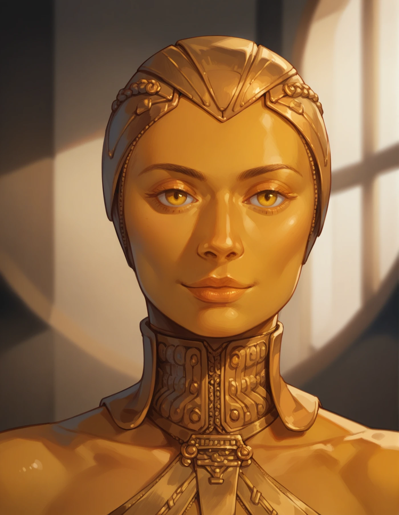 (golden skin:1), frontal view, yellow eyes, solo, 1girl, portrait, headwear, (smile:0.5)<lora:Ayesha:0.65> ayesha, score_9, score_8_up, score_7_up, score_6_up, 2d, digital art, masterpiece, <lora:sinfully_stylish_PONY_0.2:0.3> dramatic lighting <lora:incase-ilff-v3-4:0.3> <lora:Expressive_H:0.3> expressiveh <lora:g0th1cPXL:0.3> g0th1cpxl