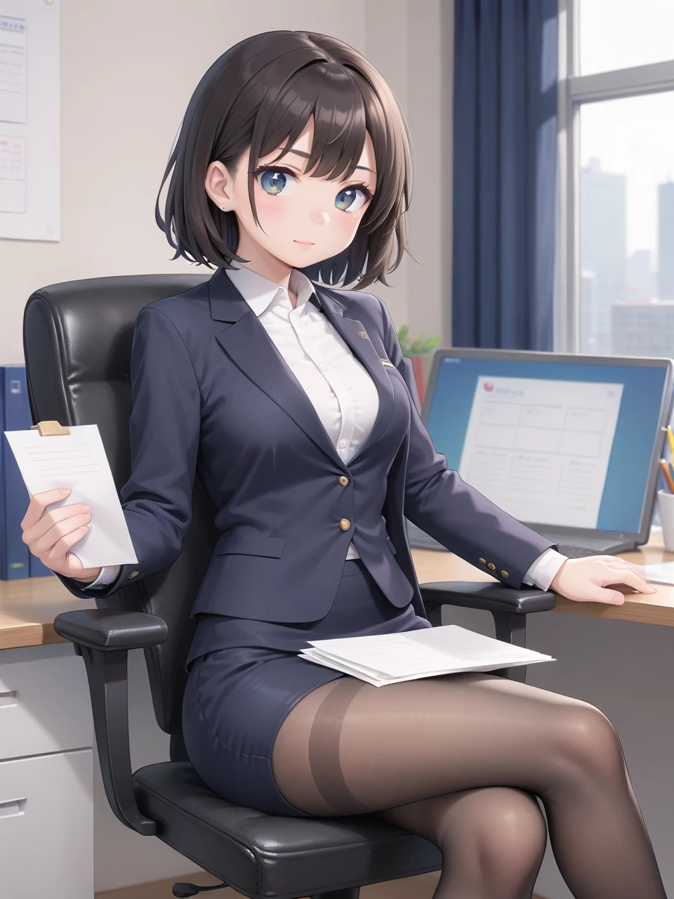 sitting chair in office, upper body, blazer, pencil skirt, Crossing legs, pantyhose