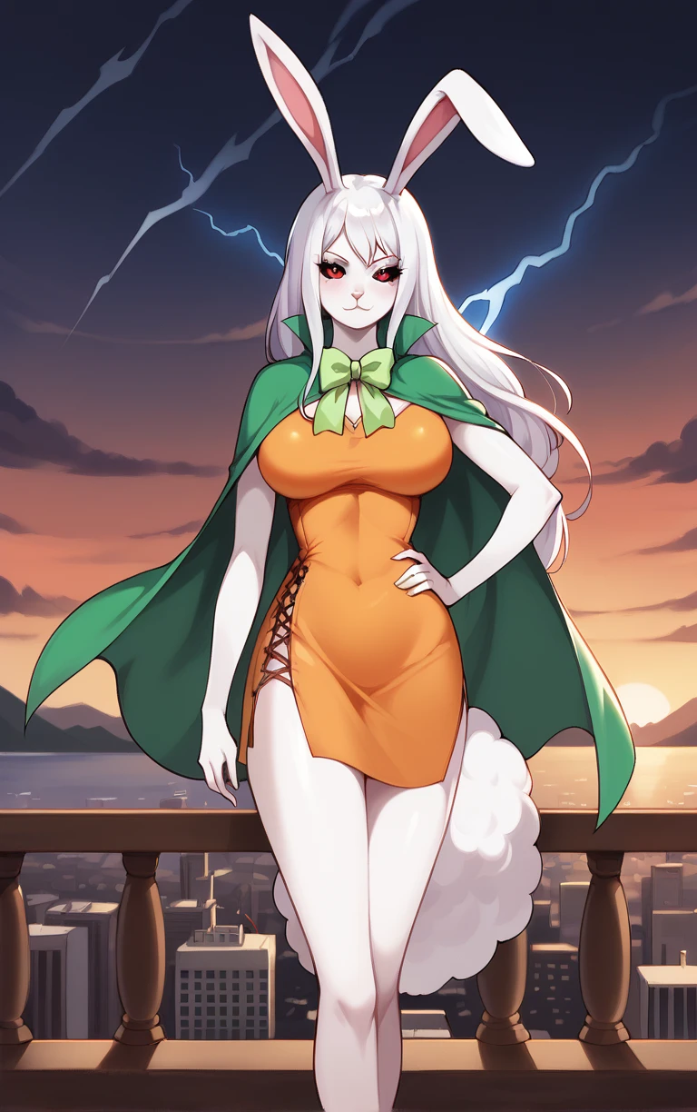 score_9, score_8_up, score_7_up, BREAK
SulongForm_OrangeDress_ownwaifu, 
1girl, white hair, animal ears, rabbit girl, red eyes, long hair, furry female, large breasts, breasts, colored sclera, lightning, white fur, black sclera, colored skin,  electricity, rabbit ears, rabbit tail, tail, albino, alternate form, animal nose, furry, monster girl, snout, thighs, long legs,
cape, orange dress, cross-laced clothes, short dress, bow, green cape, dress, side slit, capelet, cleavage,
(contrapposto, hand on hip), sunset, sidelighting, cityscape, vanishing point, outdoors, <lora:PONYXL_ONEPIECE_Carrot_ownwaifu:1> , depth of field, solo,