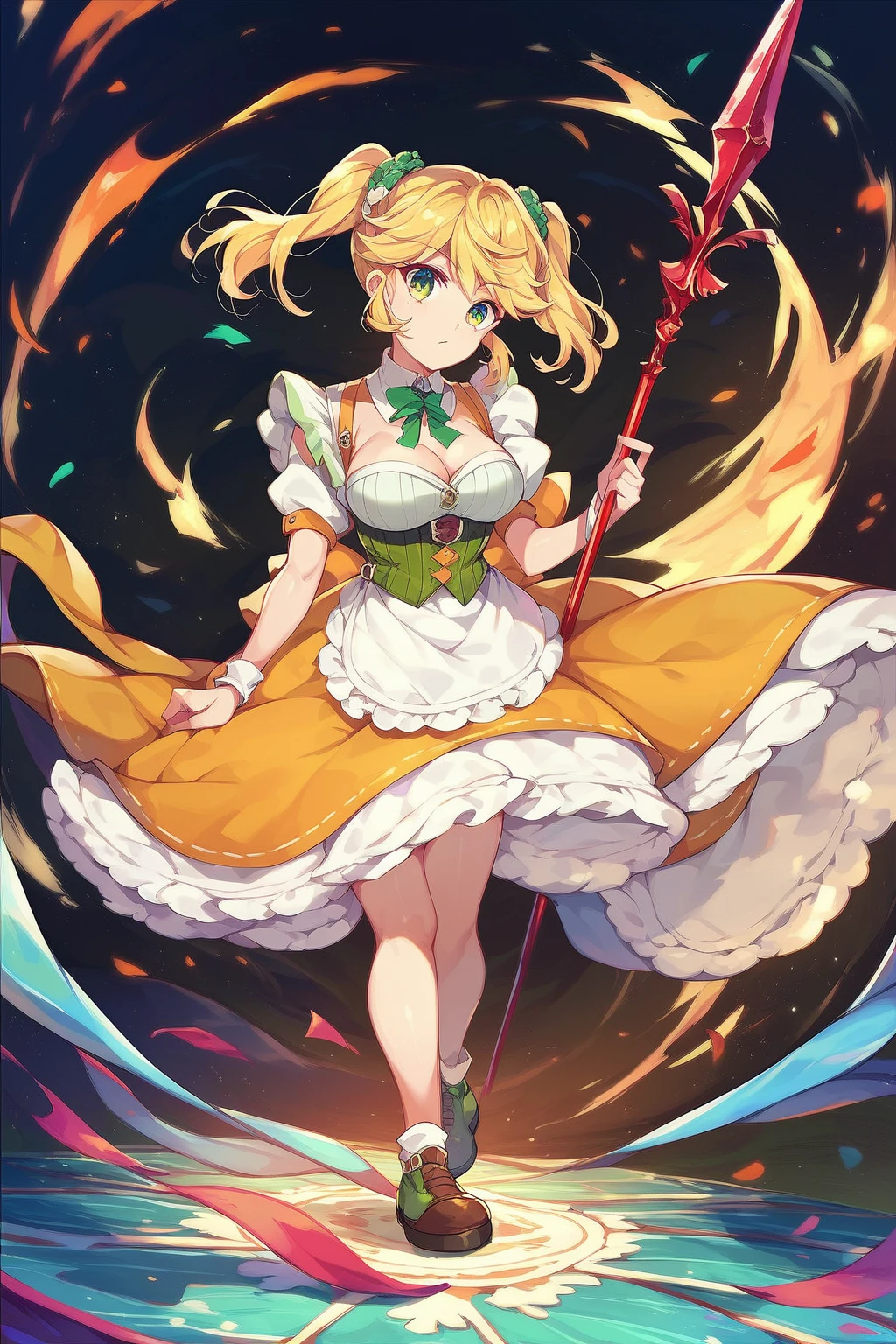 score_9, score_8_up, score_7_up, score_6_up, score_5_up, score_4_up, masterpiece, high quality, full body,    <lora:Tarte(WFA):1> blond hair, yellow hair, green eyes, orange maid clothes, twintails, large breasts, green corset, cleavage, posing, spear