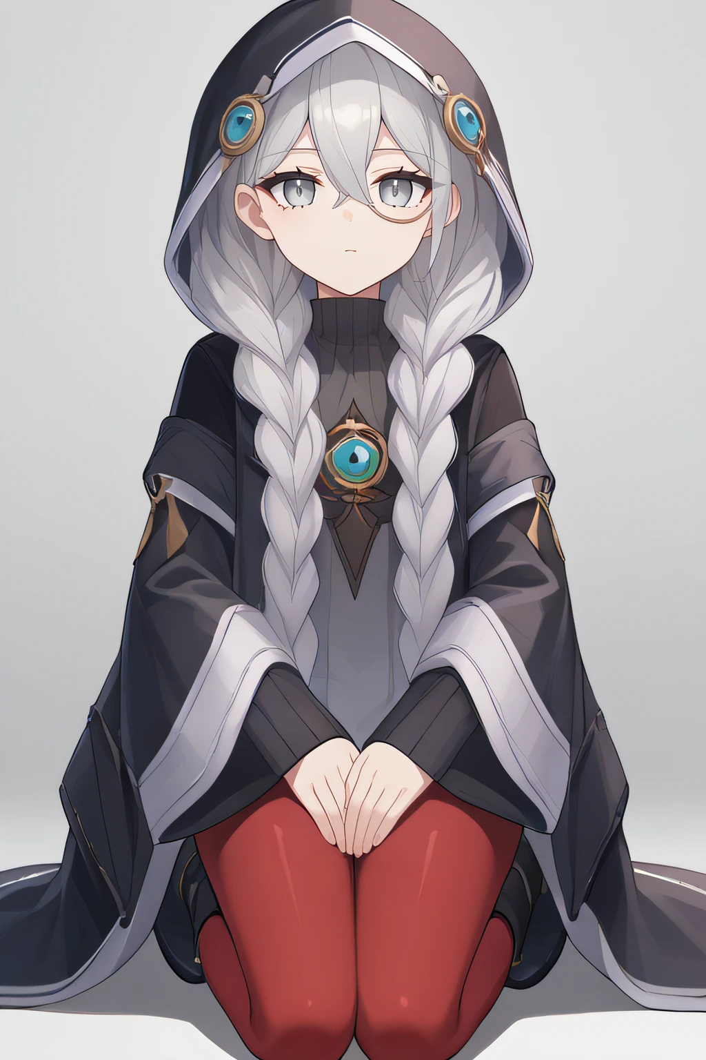 score_9, score_8_up, score_7_up, source_anime, rating_safe, intricate details, anime screencap, official style, 1girl, <lora:Astellar:1>, astellar, grey hair, grey eyes, twin braids, very long hair, long sleeves, grey dress, hair between eyes, black hood, wide sleeves, grey turtleneck, sleeves past wrists, monocle, expressionless, looking at viewer, <lora:monocle_pony_final:1>, kneeling, black boots, indoor, full body, red pantyhose