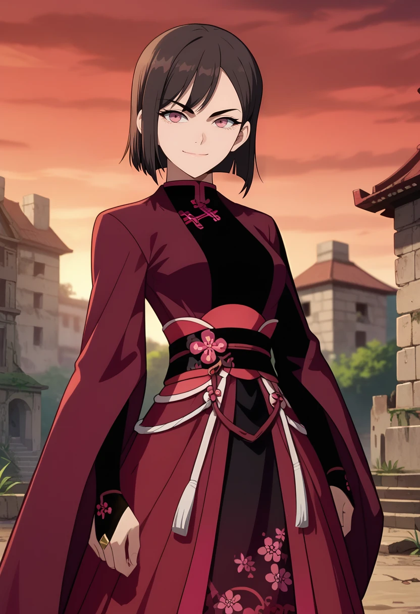 score_7_up, anime screencap,
<lora:SoloMaxLevelNewbie_BaekSeolinXL:0.9>, BaekSeolin,
1girl, solo, closed mouth, smile,
short hair, hair behind ear, swept bangs, brown hair, pink eyes,
chinese clothes, red jacket, black shirt, sash, layered skirt, red skirt, black skirt, bridal gauntlets, black gloves,
standing, looking at viewer, upper body,
blurry background, outdoors, ruins, red sky