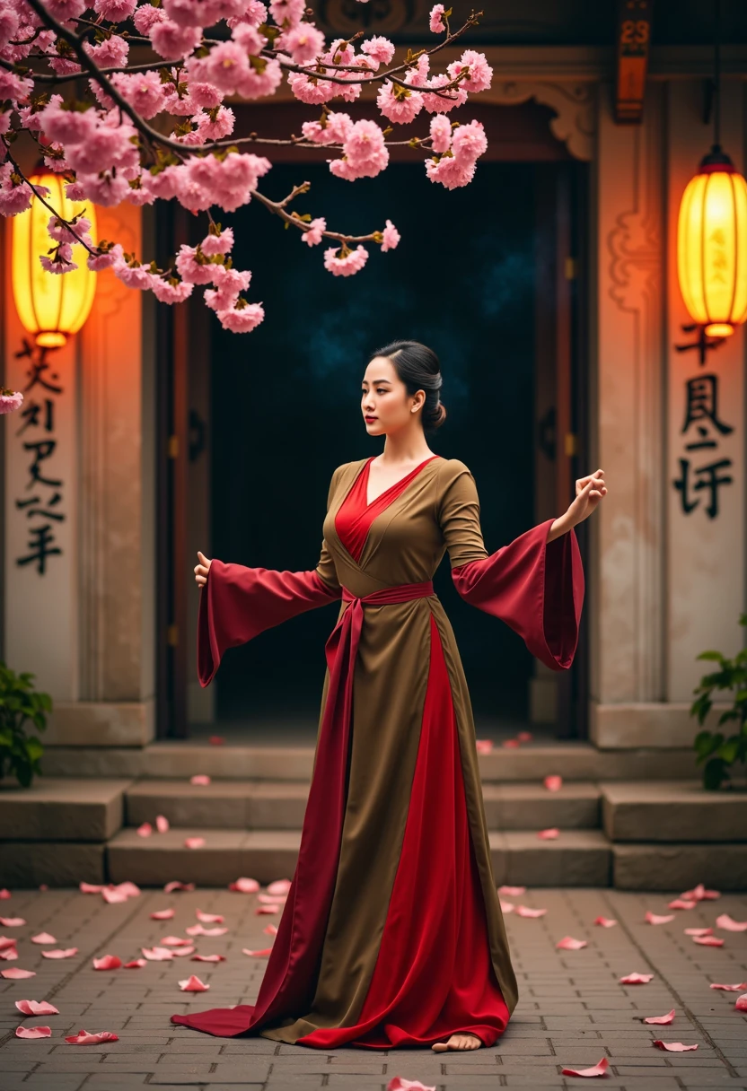 A young Vietnamese woman dressed in a traditional Áo Tứ Thân with rich, earthy colors of deep brown, olive green, and maroon, layered over a bright red yếm. Her hair is styled in a traditional bun, with a silk scarf loosely tied around her head. She is standing gracefully at the entrance of an ancient Vietnamese temple, with intricate carvings and weathered stone walls. The soft glow of lanterns illuminates her serene face and the delicate folds of her dress. Around her, there are blooming cherry blossoms and incense smoke swirling in the evening air, adding a mystical atmosphere to the scene. Photorealistic, 4K resolution, evening lighting with a warm, golden hue