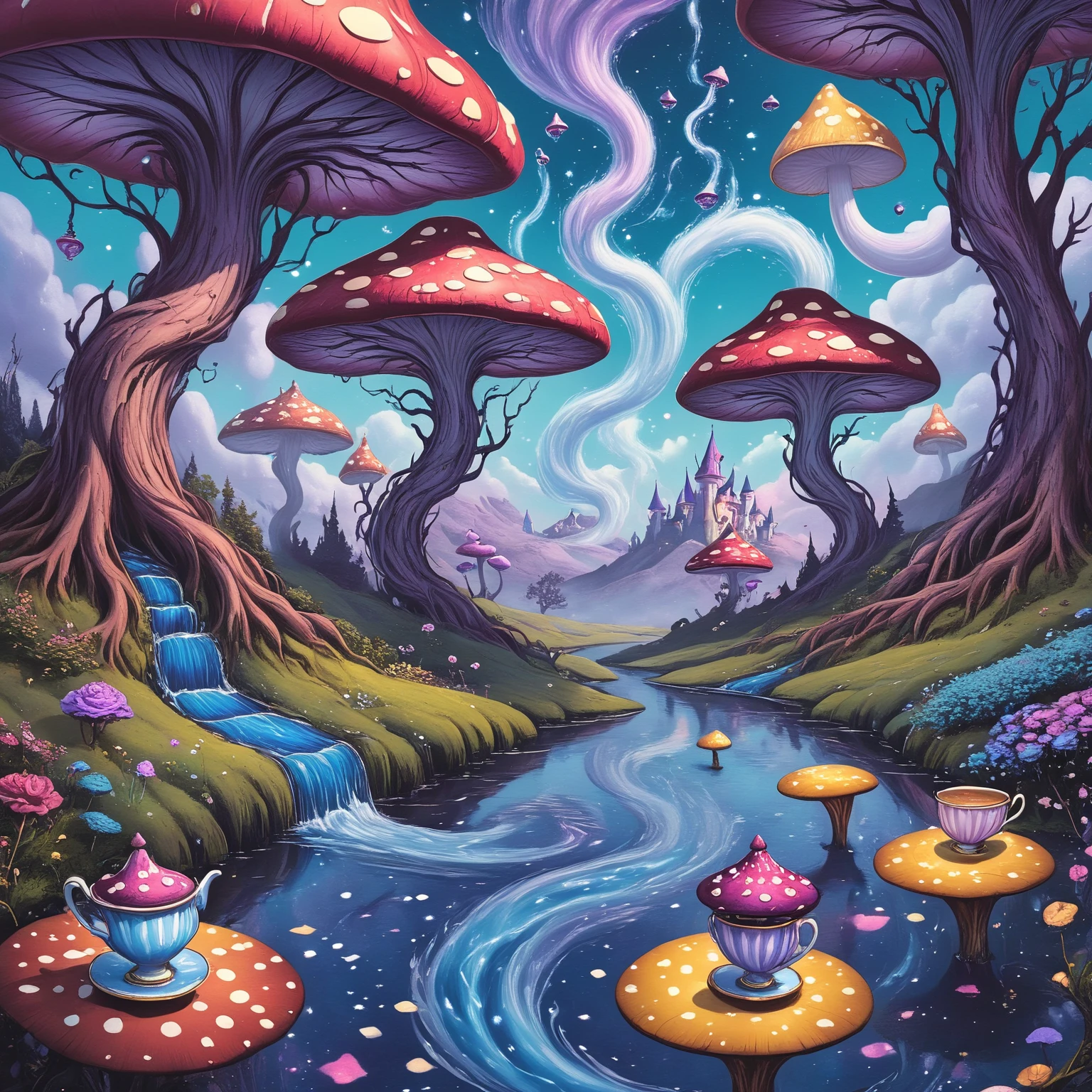 <lora:Wonderland:1>  ArsMJStyle, Wonderland, A vibrant, dreamlike landscape with twisted trees, floating teacups, and glowing mushrooms. A river of liquid stardust flows through the scene, with pastel-colored clouds swirling overhead. Giant flowers with faces, chessboard-patterned hills, and a distant castle in the sky complete the surreal wonderland.