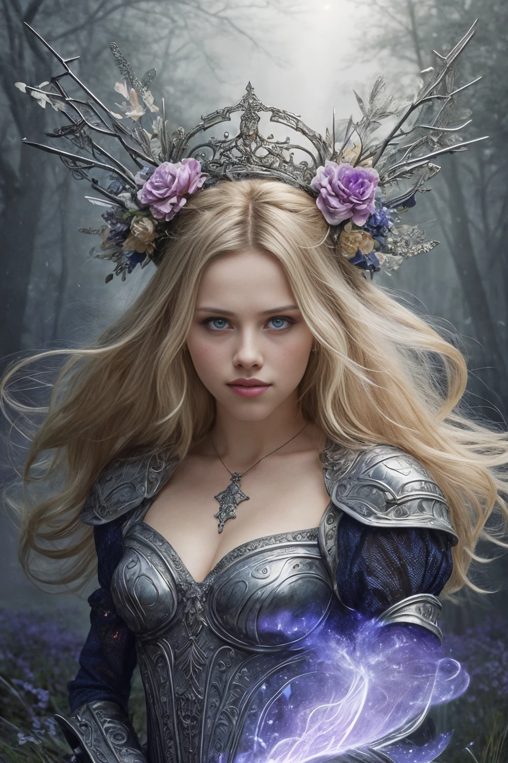 opt-graciedzienny <lora:opt-graciedzienny:1>, blonde hair, blue eyes, best quality, masterpiece, (full body:0.6)}, detailed background, detailed face, (high fantasy medieval theme:1.1), light smile, medieval fantasy setting, high fantasy, flowers, lake, wildlife, rain, fog, in the style of Willem de Kooning and Beth Conklin , A mysterious and powerful female character, The style belongs to the highly detailed and imaginative fantasy art, Hair flutters in the air, It gives a dynamic feel, This reinforces her image as a powerful being, The tone of the whole picture is dominated by dark tones, A strong visual contrast and appeal are created, The style of this image is a mixture of realism and fantasy elements, Through fine detail depiction and strong color contrasts, It conveys a mysterious and powerful atmosphere, fantastical work of art full of imagination and rich detail, An incredible female character and her supernatural abilities are showcased,