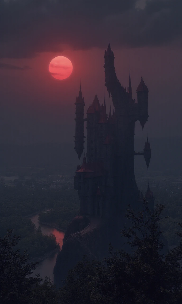 <lora:draculas_castle_v1:1.3>, film scene from Denis Villeneuve. Cinematography. Atmosphere of tension. 
Dracula's castle, isolated on a rocky hill, as seen from far away on a red moon-lit night, crimson roofs, towering over the landscape. His castle is tall and slender. <lora:flux_realism_lora:0.8>