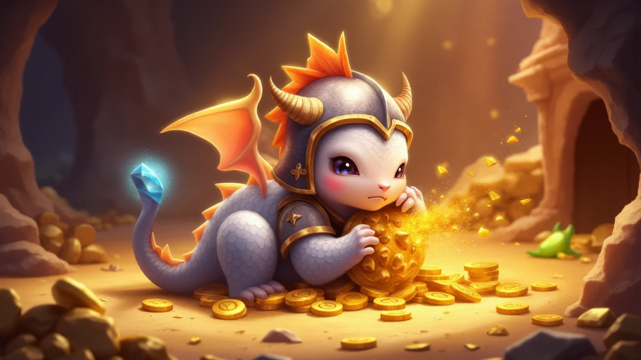 illustration in lolsart style, A pocket-sized dragon hatchling with oversized wings and a pot-bellied body, scales a patchwork of soft pastel colors, tiny spiraling horns just starting to grow, snout scrunched up in a adorable sneeze as it accidentally releases a puff of glittery smoke, curled up on a pile of golden coins much too large for its small frame, wearing a comically oversized knight's helmet that covers most of its face, tail wrapped protectively around a glowing gemstone, the background a cozy cave filled with twinkling treasures and warm, inviting light, <lora:lolsart:1.0>