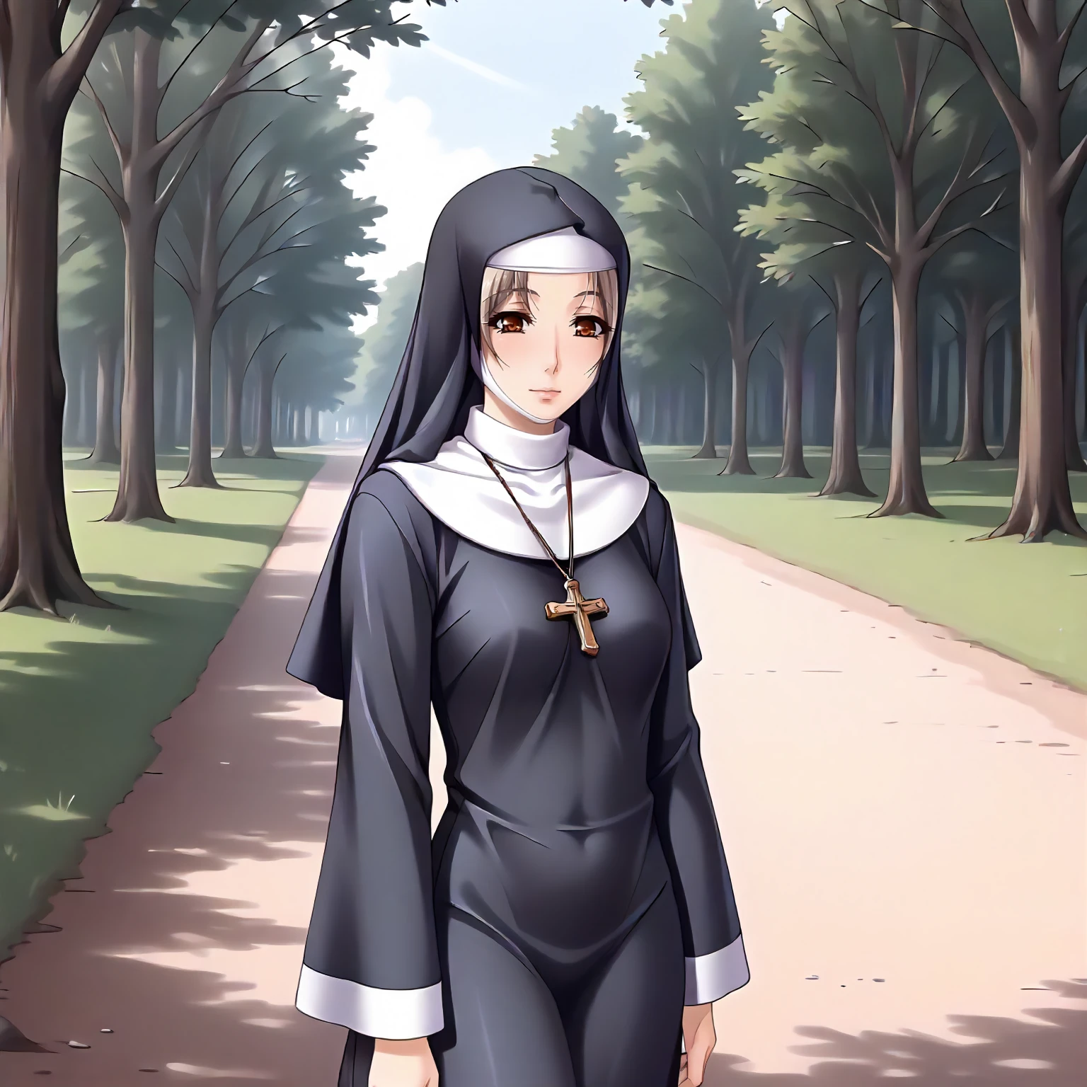 <lora:SDG_SisterClaraXLpony001>,
outdoors,nature,
solo,
SisterClara,1girl,light brown hair,brown eyes,
nun,
standing,