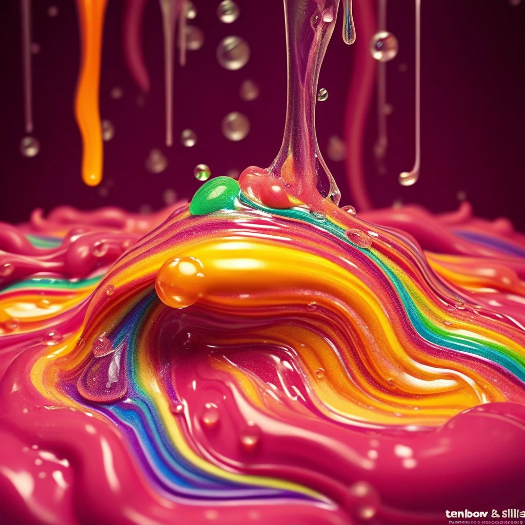 no humans, blurry, captrainbowslime, melting, artist name, water drop, slimebath, sticky, tentacles, rainbow slime, lollipop, food focus, still life, gem, rainbow hair